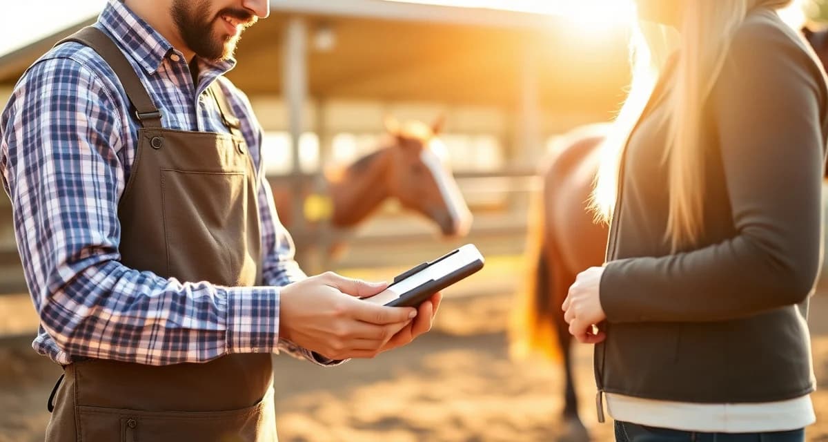 Fast farrier payment collection methods Farrier receiving digital payment from client for hoof care services using mobile payment processing at equestrian facility