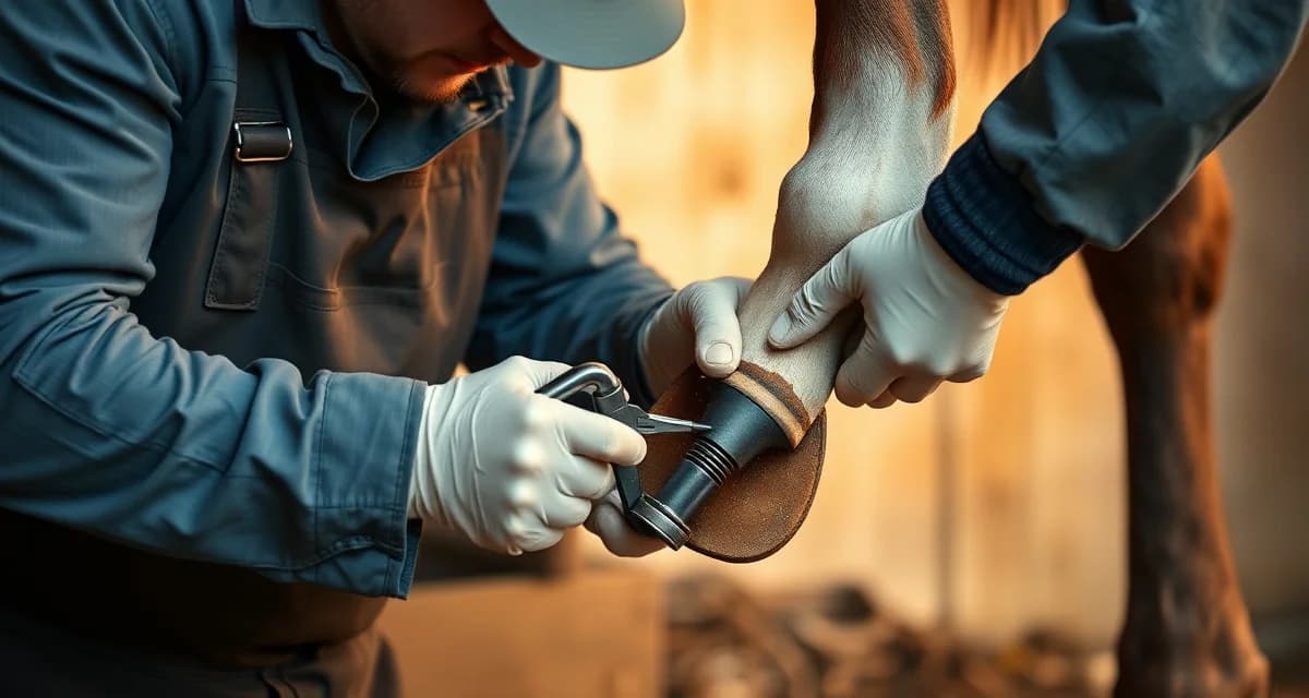 Professional farrier pricing varies by region Farrier performing professional hoof care and horseshoe installation on a horse's hoof in a barn setting.