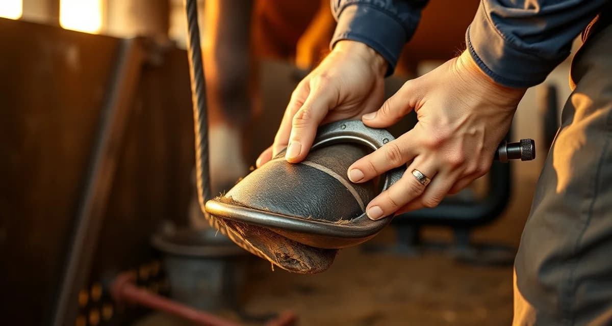 Farrier at work shoeing horse Professional farrier installing horseshoes on a horse's hoof, demonstrating farrier services and expertise in hoof care management.