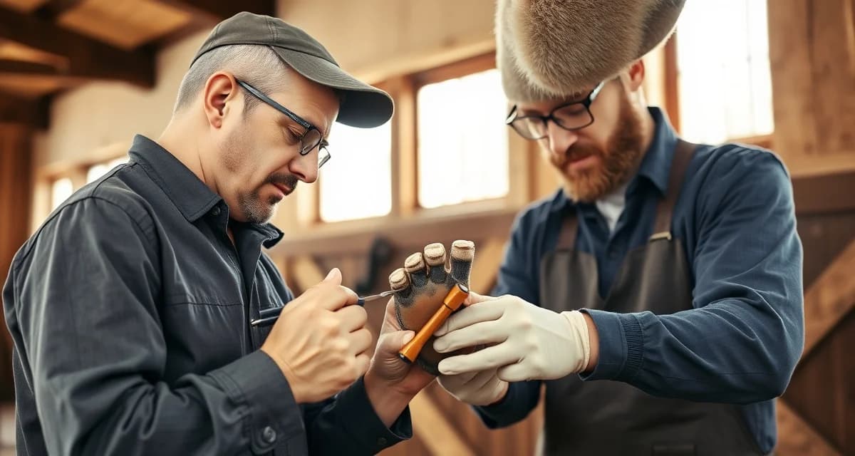 Expert farrier providing specialized hoof care Professional farrier performing hoof trim and care services on a horse, demonstrating proper farrier pricing and specialty work techniques.