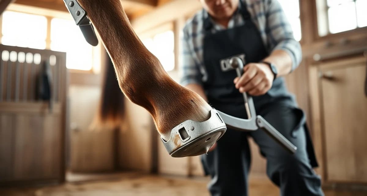 Expert farrier shoeing horse - New York hoof care costs Professional farrier applying steel horseshoes to a horse's hoof, representing New York farrier pricing and hoof care services.