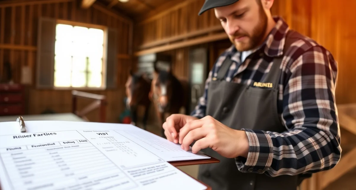 Complete farrier record documentation system Farrier reviewing detailed hoof care records and visit documentation on clipboard in workshop setting.