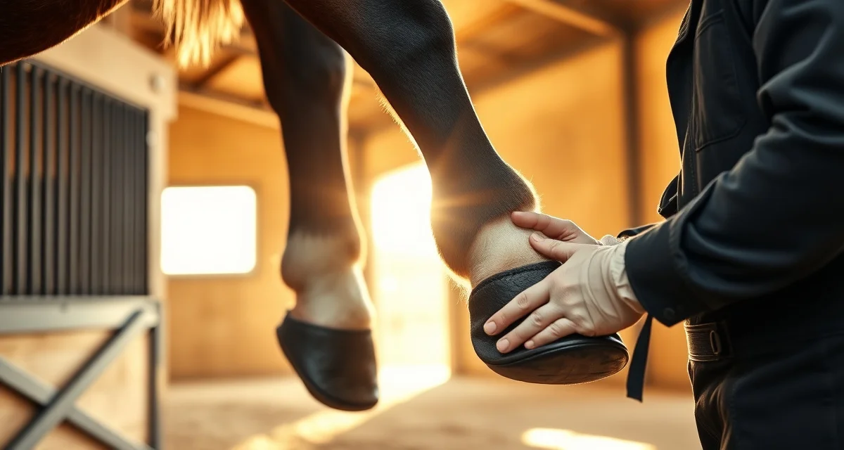 Expert farrier providing quality hoof care services Professional farrier performing hoof care on a horse, demonstrating skilled service that drives client referrals and word-of-mouth marketing growth.