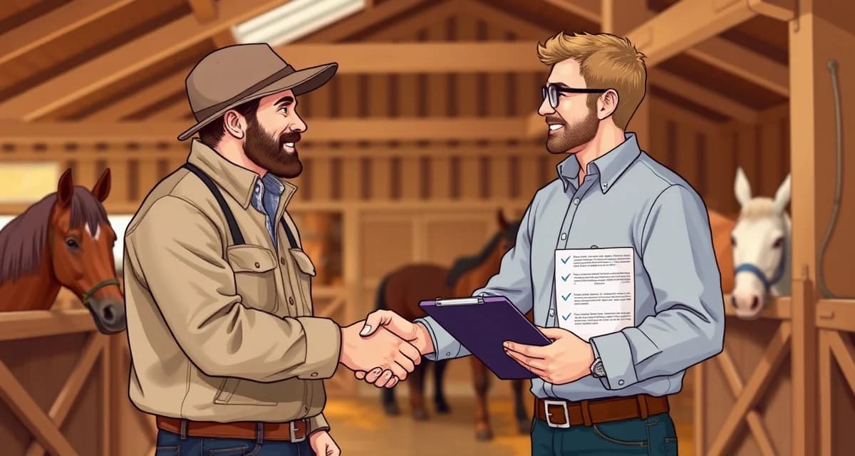 Building a successful farrier referral program Farrier referral program illustration showing professional farrier and client discussing business growth opportunities