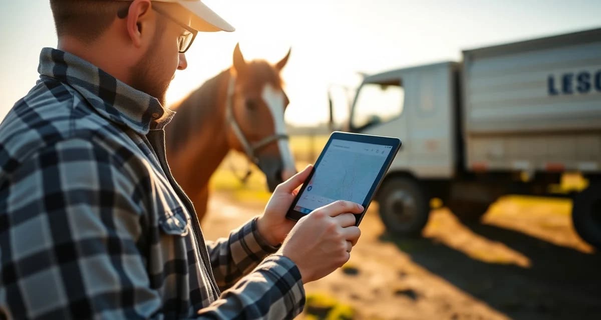 Route optimization planning tool for farrier services Farrier using route calculator software on tablet to optimize daily farm stops and reduce unnecessary driving miles