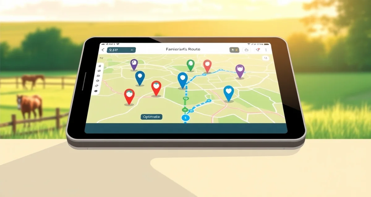 Farrier route planning software visualization Digital route optimization map showing farrier scheduling stops and optimized driving directions on mobile device
