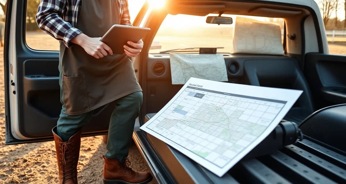 Farrier route optimization planning Farrier reviewing route planning schedule on tablet to optimize daily horse shoeing appointments and drive time efficiency
