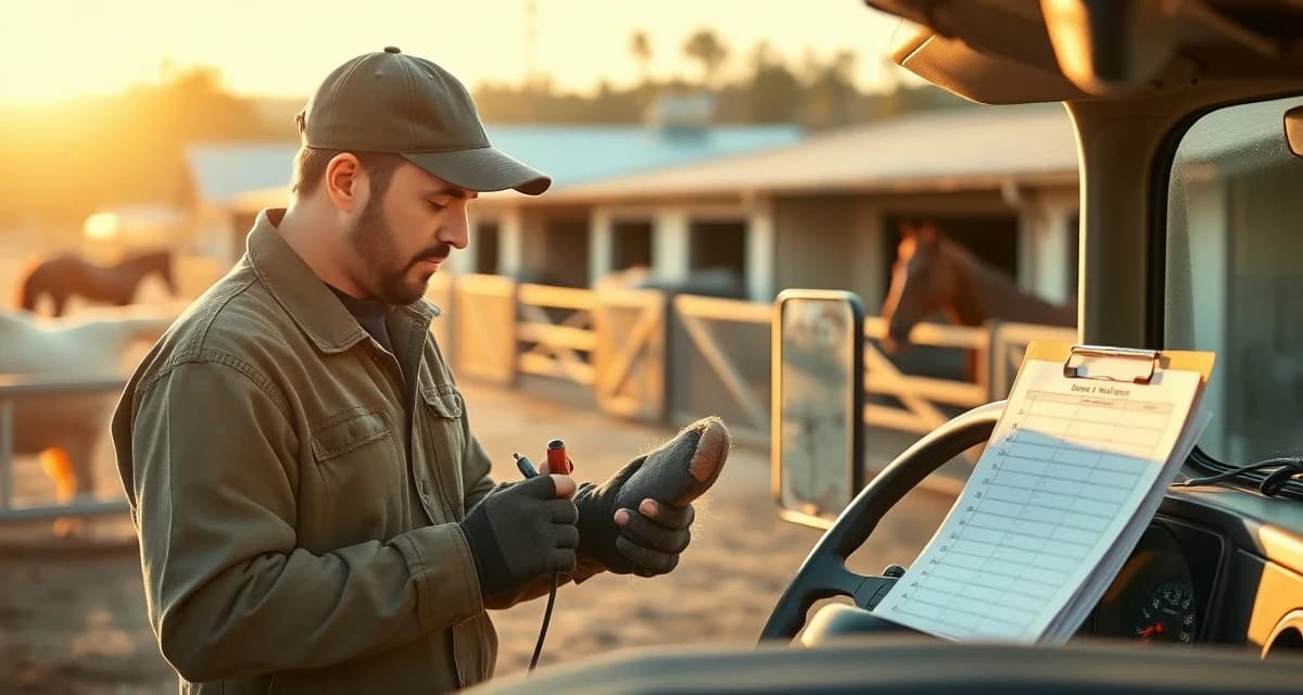 Farrier managing multiple horse appointments daily Professional farrier examining horse hoof during busy daily route managing 150 horses with route scheduling system
