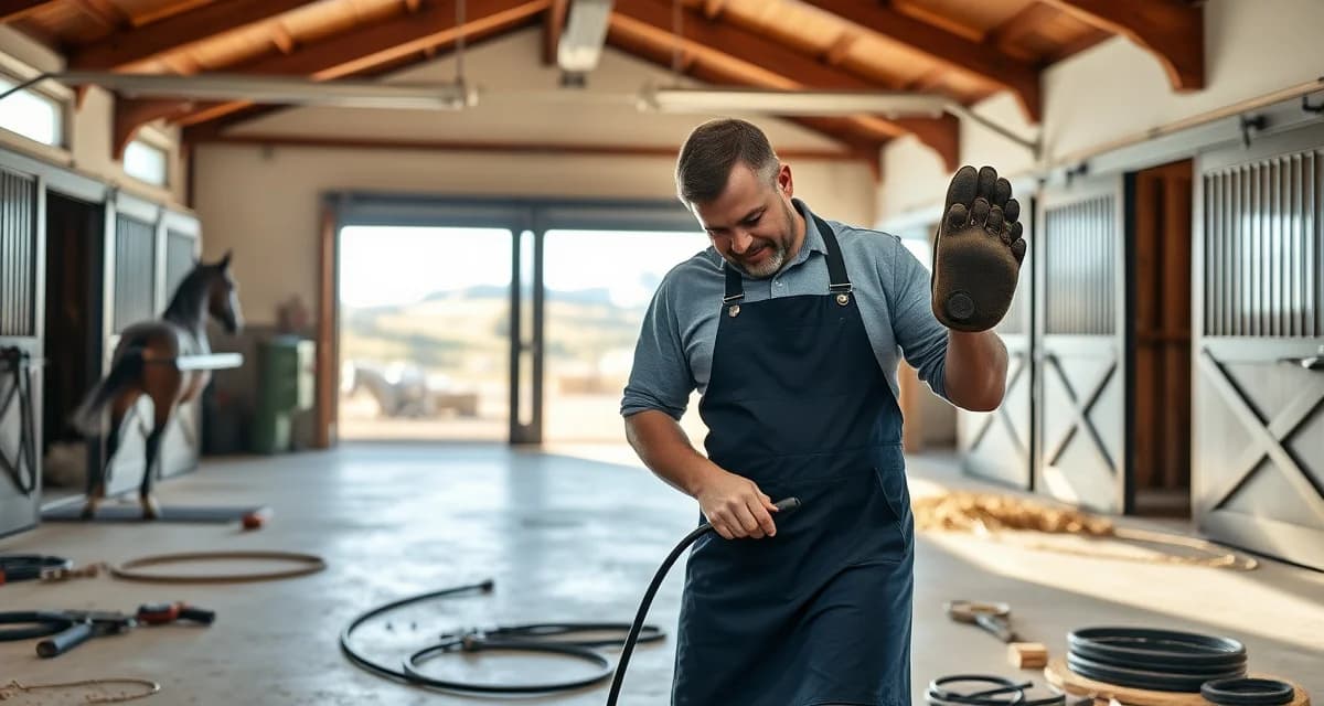Expert farrier services in the Wasatch Front region Professional farrier providing hoof care to horse in Salt Lake City Utah facility with Wasatch Mountains visible