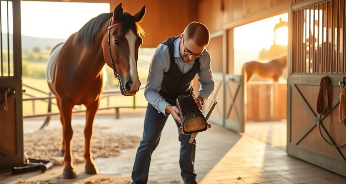 Professional farrier service in Bay Area Expert farrier trimming and shoeing a horse in a premium San Francisco Bay Area stable facility with professional equipment.