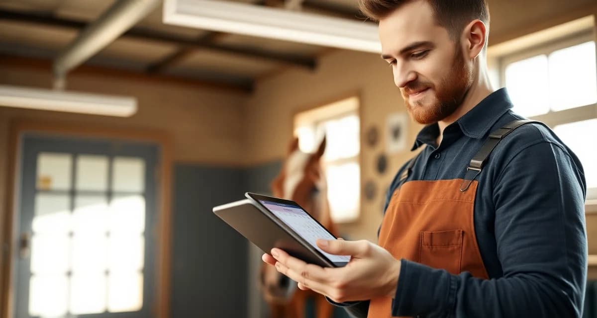 Farrier scheduling app interface for managing hoof care appointments Farrier using scheduling app on tablet to manage appointments and eliminate double bookings during peak season