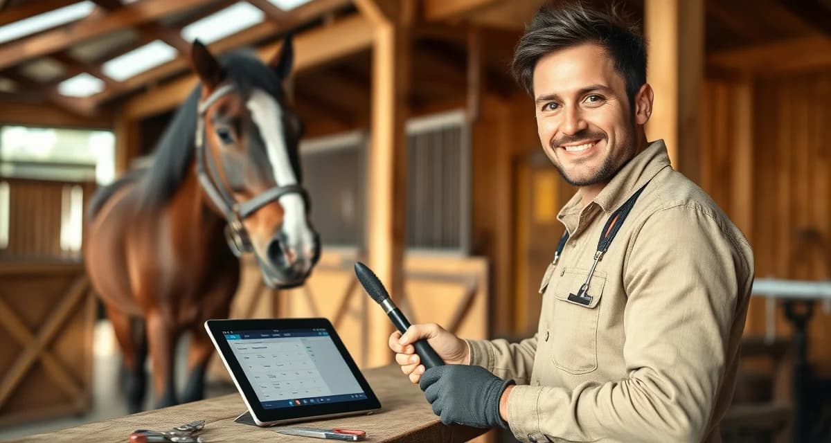 Farrier business scaling with digital scheduling tools Farrier using scheduling software to manage growing horse care business, demonstrating efficient hoof care management workflow