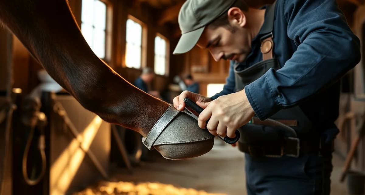 Expert farrier hoof care service in Central Virginia Professional farrier performing hoof care and trimming on horse in Chesterfield County Virginia suburban stable facility.