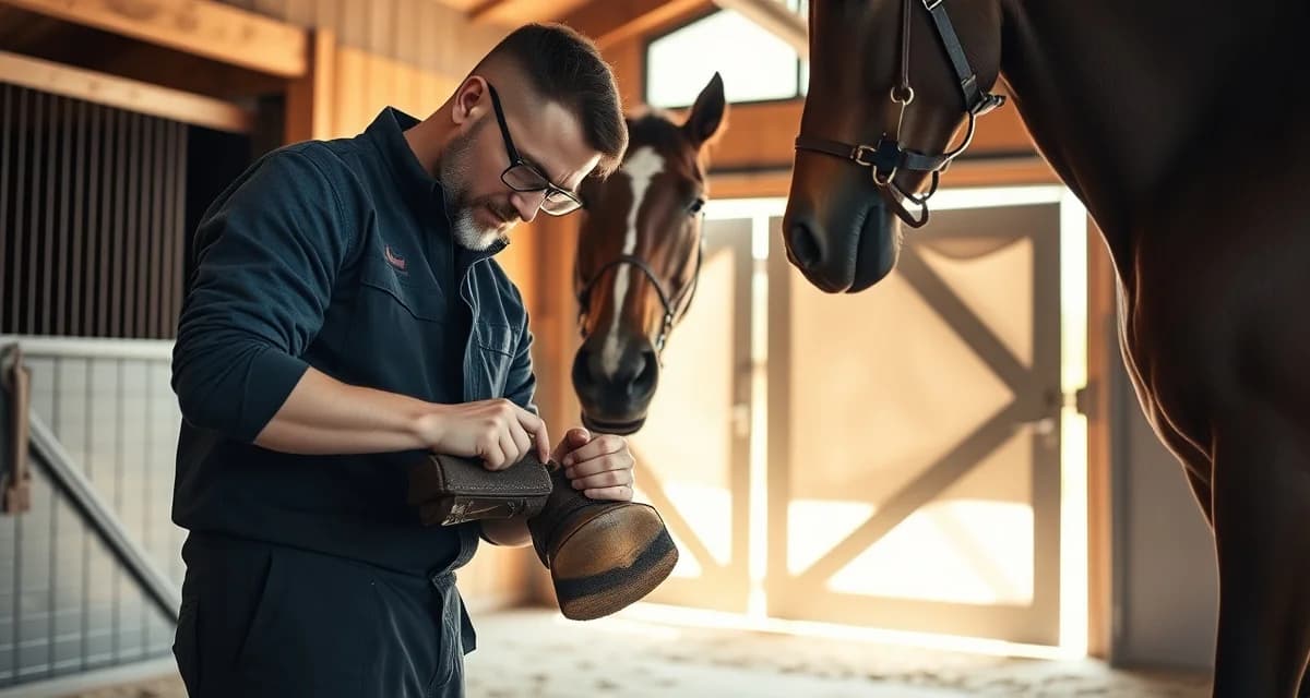 Farrier scheduling and hoof care management in Chicago area Professional farrier providing expert hoof care to a horse in a suburban Chicago barn facility