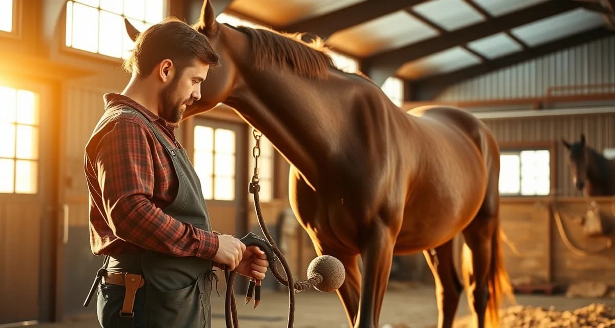 Fort Worth farrier managing high-volume client schedule Professional farrier performing hoof care on horse in Fort Worth, Texas equine facility with modern tools and workspace