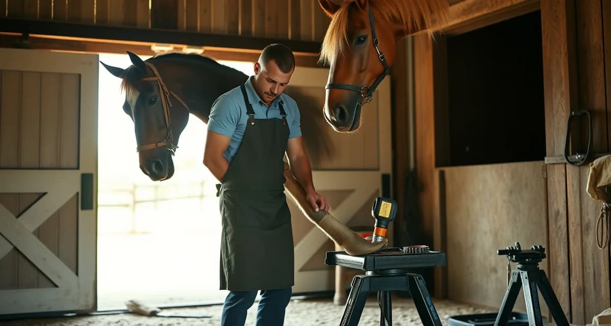 Expert Farrier Hoof Care Services Jackson Mississippi Professional farrier performing hoof care on a horse in Jackson MS with rural barn setting and modern farrier equipment visible