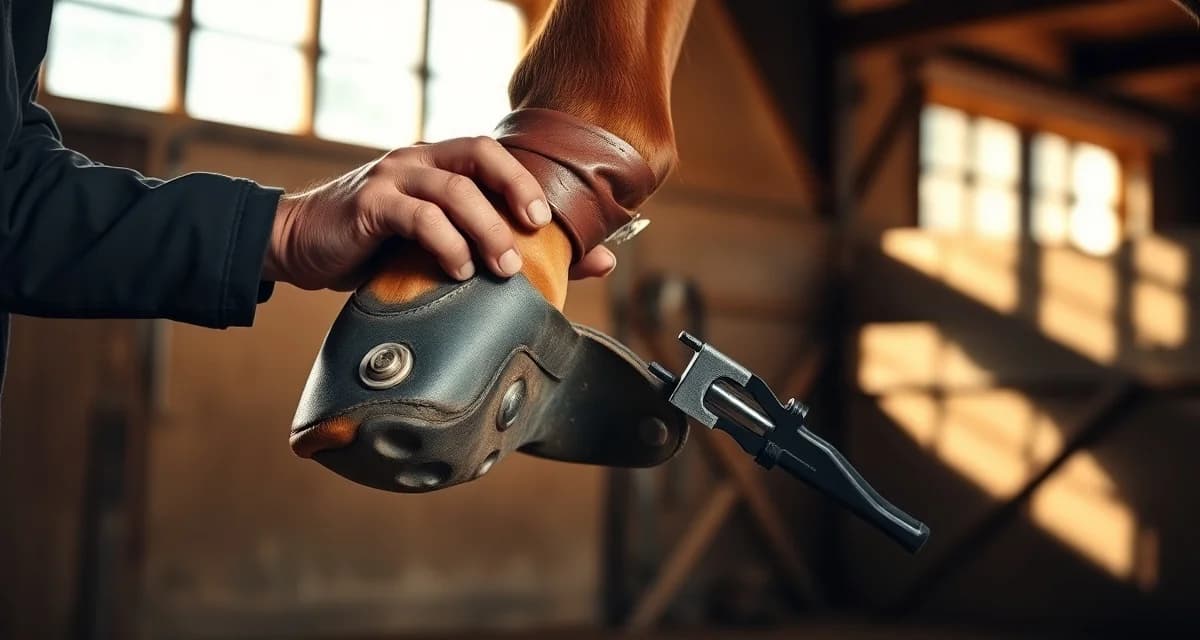 Expert farrier balancing jumper horse hooves for competition Farrier performing precise hoof care on a show jumper, demonstrating proper shoe placement for impact absorption and landing balance.