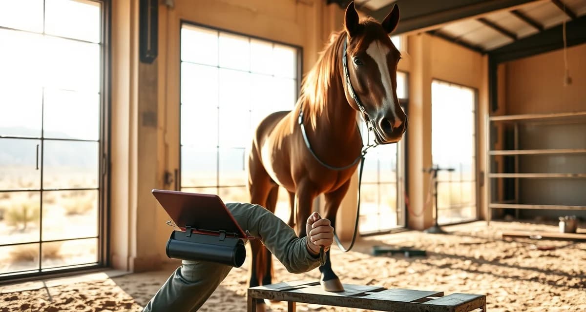 FarrierIQ scheduling system for Las Vegas farrier services Professional farrier performing hoof care on a horse in Las Vegas with modern scheduling management tools visible