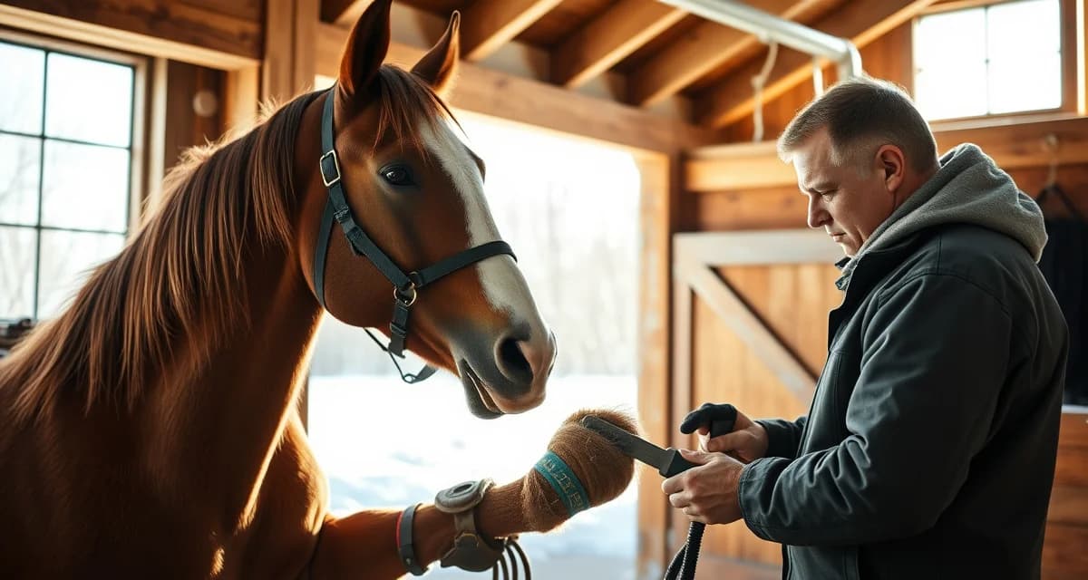 Twin Cities farrier providing professional hoof care year-round Experienced farrier trimming and shoeing a horse's hoof in a Minnesota stable during winter season for optimal hoof care management.