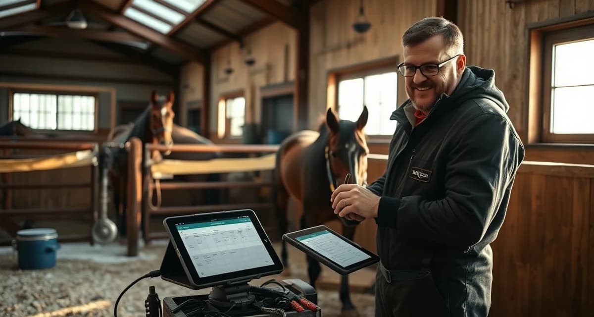 Year-round farrier business management in New England Farrier managing horse hoof care scheduling with FarrierIQ software during New England winter season