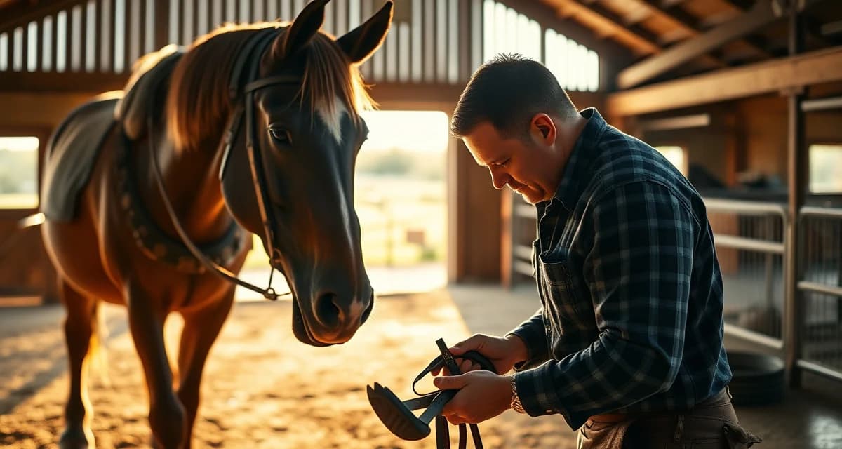 Farrier scheduling and hoof care management in Ocala FL Professional farrier performing hoof care and horseshoe fitting services in Ocala, Florida equestrian facility
