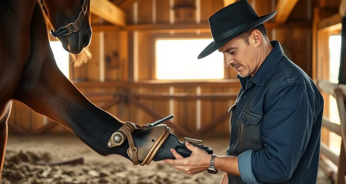 Farrier hoof care services in Reno Nevada Professional farrier trimming and shoeing a horse's hoof in a Reno Nevada barn, demonstrating hoof care management services.