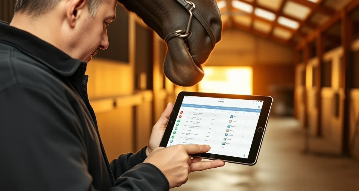 Modern farrier business management software interface Farrier reviewing horse hoof care schedule on FarrierIQ scheduling software tablet application