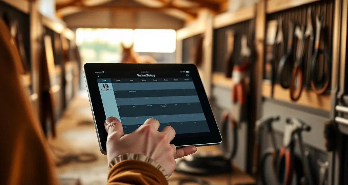 Digital farrier business management on mobile device Farrier using farrier app software on tablet to manage horse shoeing schedule and client appointments at barn