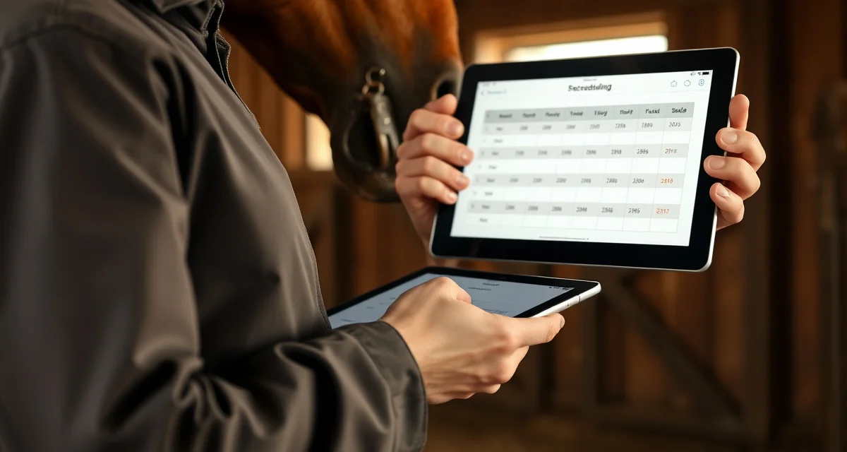 Farrier software scheduling interface for hoof care management Farrier using FarrierIQ scheduling software to manage horse hoof care appointments and track hoof cycles efficiently