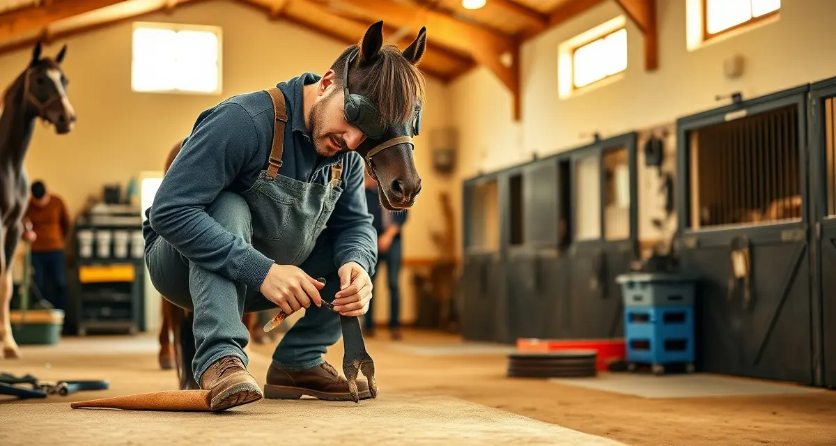 Farrier software for route optimization across Delaware Professional farrier performing hoof care management on horse in Delaware equestrian facility using modern farrier scheduling software tools