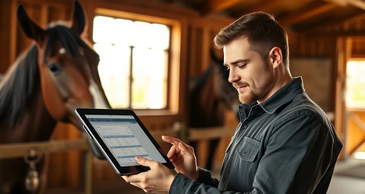 Risk-free farrier management software demo Farrier using FarrierIQ scheduling software on tablet to manage hoof care appointments and client routes
