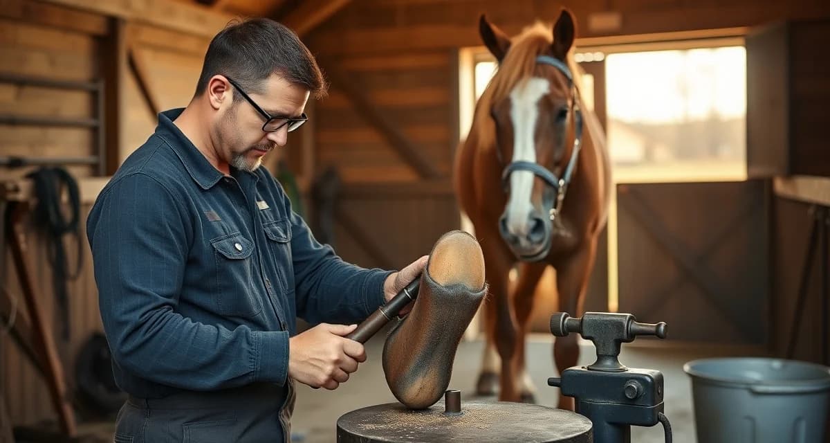 Expert farrier hoof care services across Massachusetts regions Professional farrier performing hoof care on horse in Massachusetts stable using specialized farrier tools and scheduling management
