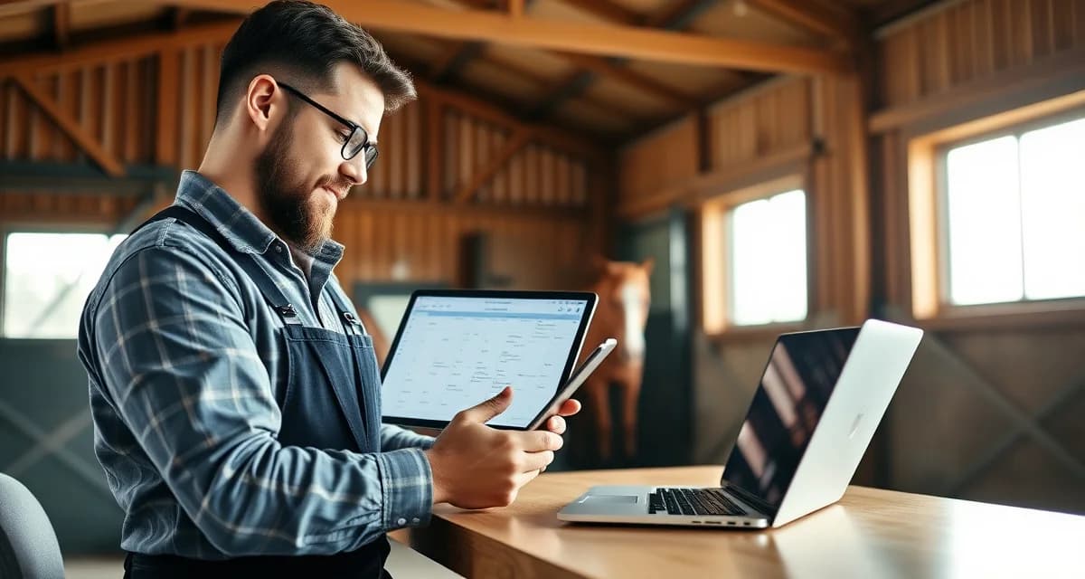 Modern farrier technology and digital business management Farrier using digital scheduling software and hoof care management tools on tablet for horse appointment organization