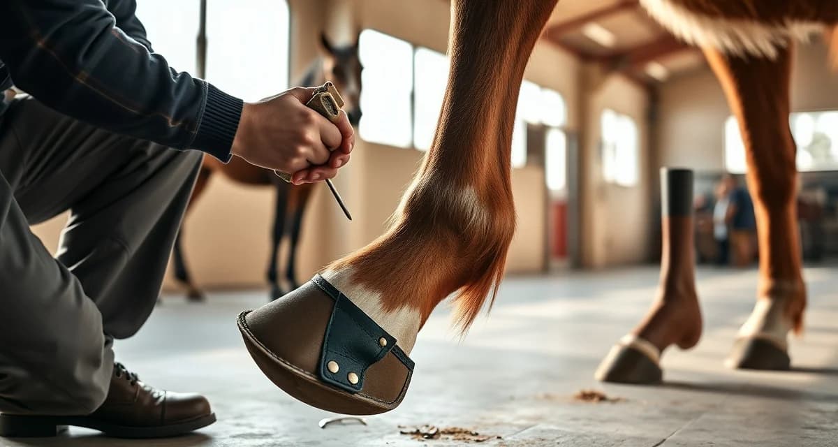 Therapeutic horse hoof care scheduling and management Expert farrier performing hoof care on a therapeutic horse during a scheduled appointment, demonstrating clinical interval-based farrier scheduling practices.