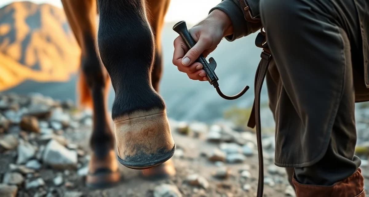 Farrier scheduling adjustments for trail riding horses Professional farrier trimming horse hoof on rocky trail terrain, demonstrating farrier scheduling practices for trail riding horses.