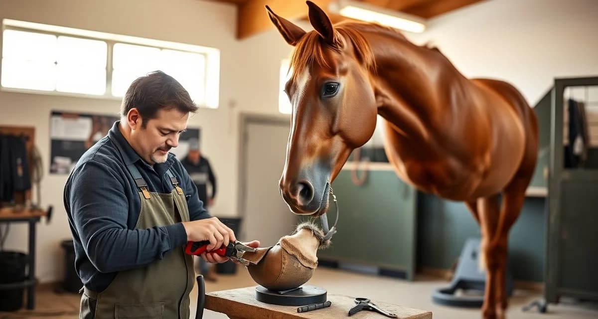 Expert farrier services for Wellington FL show horses Professional farrier performing precision hoof care on a show horse during Wellington Florida's winter equestrian season
