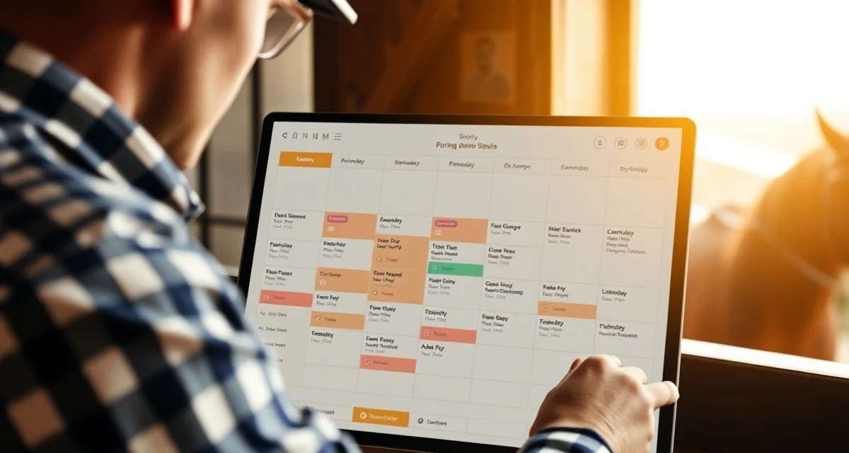 Spring show season farrier scheduling management Farrier scheduling appointments on FarrierIQ system during busy show season with organized color-coded calendar