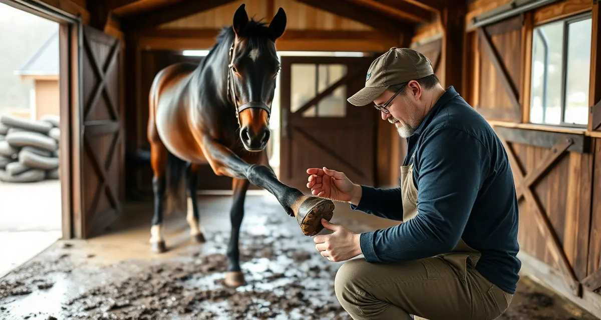 Expert farrier hoof care in Pacific Northwest Professional farrier trimming and shoeing a horse's hoof in Seattle Washington during wet season conditions