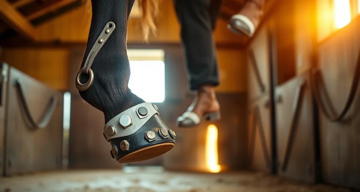 Expert farrier shoeing horse in Ohio stable Professional farrier fitting steel horseshoes on a horse's hoof, demonstrating farrier services in Ohio