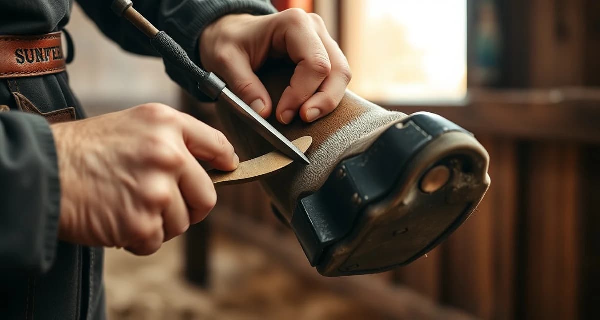 Skilled farrier performing hoof care services Professional farrier trimming and shoeing a horse's hoof with specialized tools, demonstrating hoof care expertise