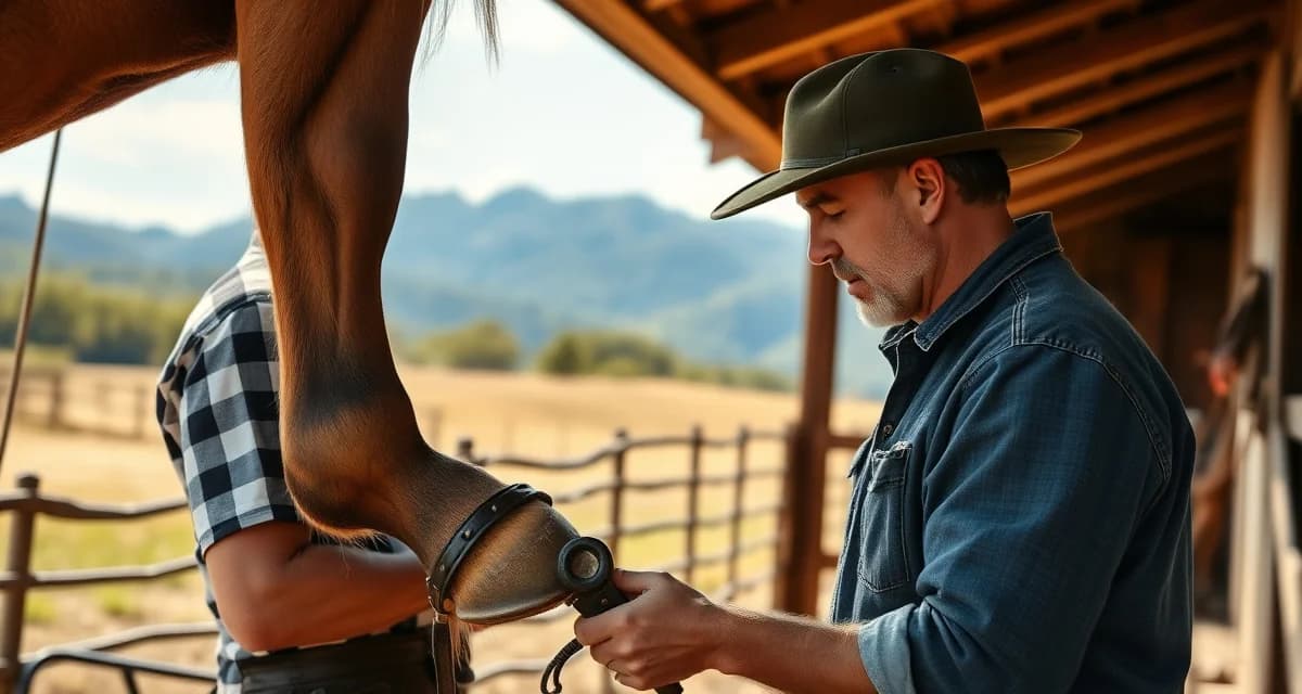 Farrier software helping manage hoof care schedules across Arkansas Professional farrier performing hoof care management on horse in Arkansas with specialized scheduling software tools nearby