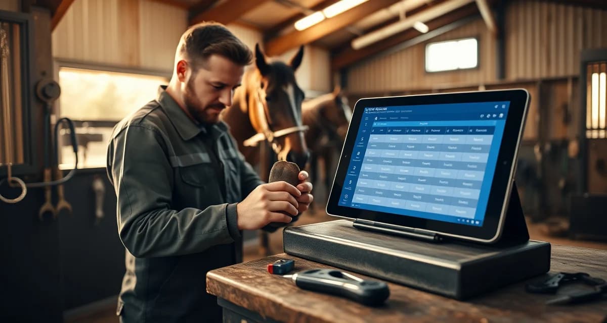 Digital farrier scheduling and hoof care management solutions Farrier software comparison tools and scheduling platform features displayed on digital devices for hoof care management