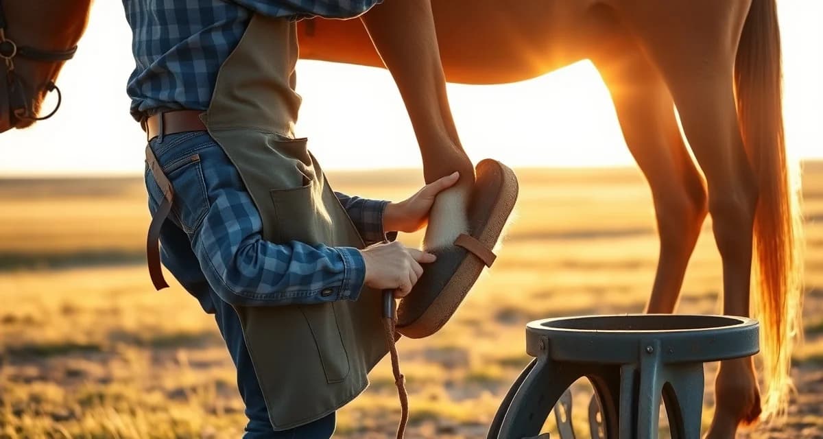 Kansas farrier performing hoof care on working ranch horse Professional farrier trimming and shoeing a horse's hoof on a Kansas ranch with prairie landscape in background