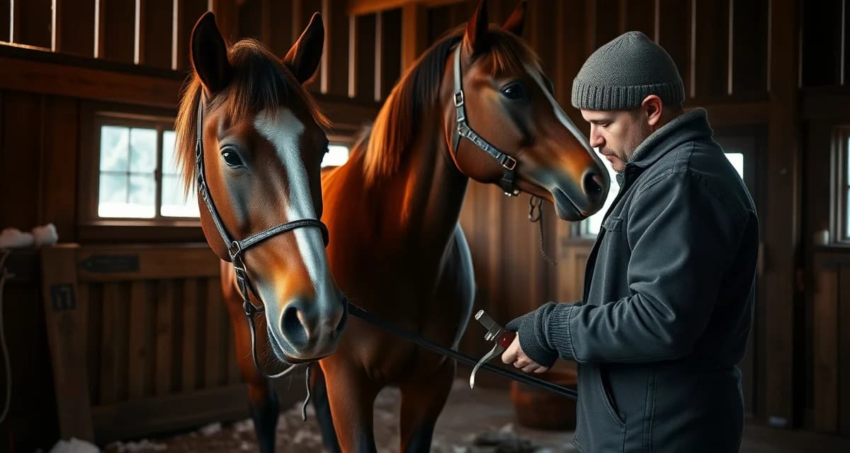 Minnesota farrier using modern scheduling software for hoof care Professional farrier performing hoof care on a horse in Minnesota barn setting, demonstrating equine farrier services and scheduling management.
