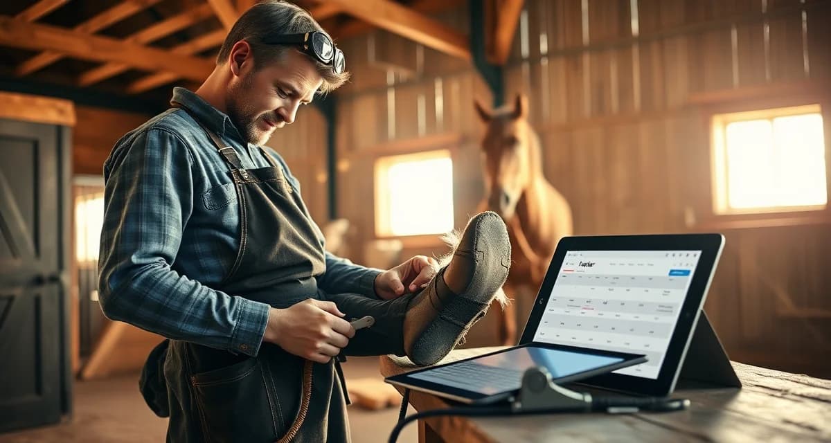 Modern farrier business management in Missouri Professional farrier performing hoof care on horse with farrier scheduling software visible in background Missouri barn
