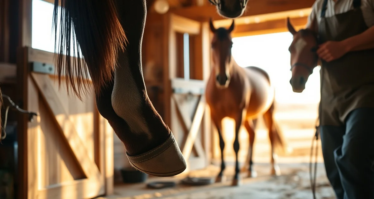 Nebraska farrier shoeing working ranch horse Professional farrier applying horseshoe to quarter horse hoof in Nebraska ranch barn setting with natural lighting