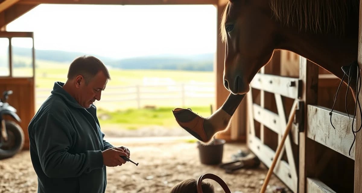 Professional Farrier Hoof Care Services Farrier using specialized tools to trim and shoe a horse's hoof in a New Hampshire barn, demonstrating professional hoof care management.
