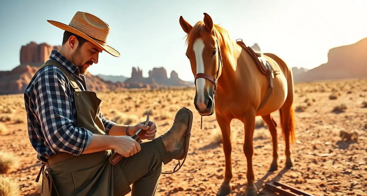 Farrier at work in Southwest landscape Professional farrier trimming horse hooves in New Mexico desert setting with natural landscape background