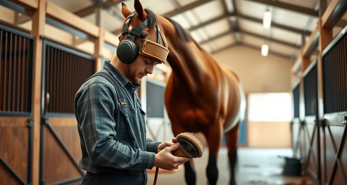 Expert farrier managing hoof care services Professional farrier performing hoof care and horseshoe fitting on a horse in New York stable facility