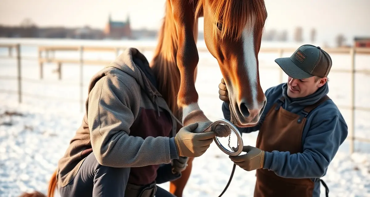 North Dakota Farrier Hoof Care Management Professional farrier performing hoof care and horseshoe application on working horse in North Dakota ranch environment during winter season.